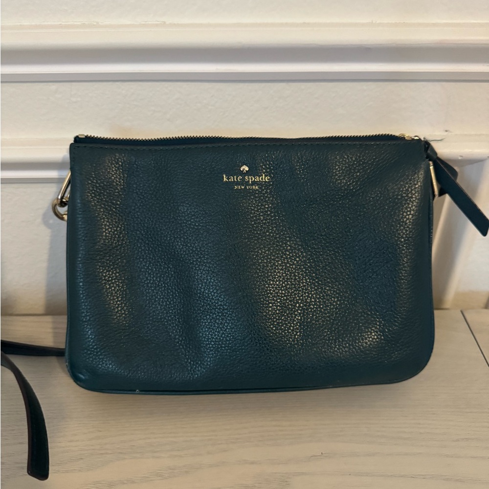 Kate Spade Leila Triple Gusset Teal Pebbled Leather Crossbody Bag